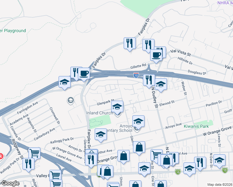 map of restaurants, bars, coffee shops, grocery stores, and more near 1359 Glen Avenue in Pomona