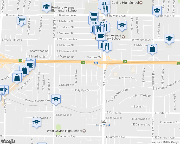 map of restaurants, bars, coffee shops, grocery stores, and more near 131 South Myrtlewood Street in West Covina