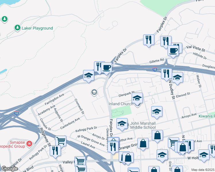 map of restaurants, bars, coffee shops, grocery stores, and more near 1887 Club Drive in Pomona