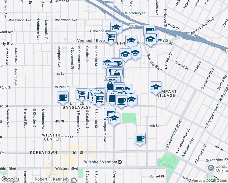 map of restaurants, bars, coffee shops, grocery stores, and more near 140 South Vermont Avenue in Los Angeles