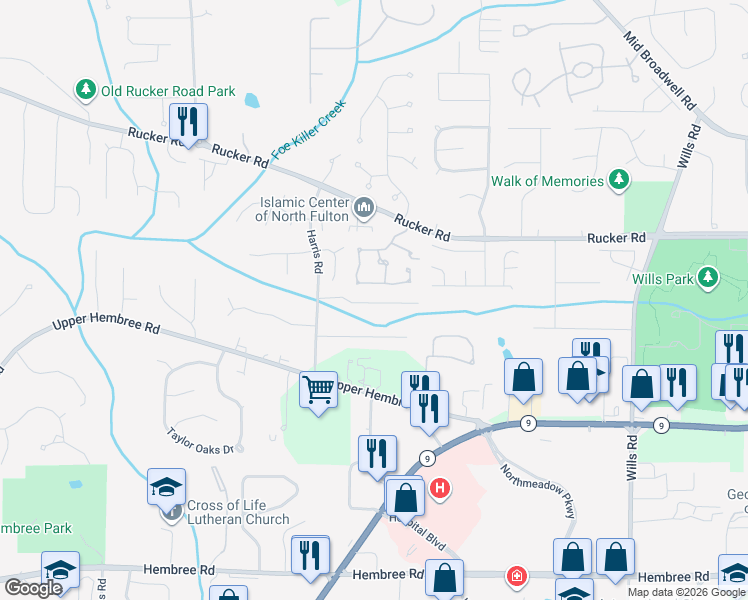 map of restaurants, bars, coffee shops, grocery stores, and more near 1230 Harris Commons Place in Roswell
