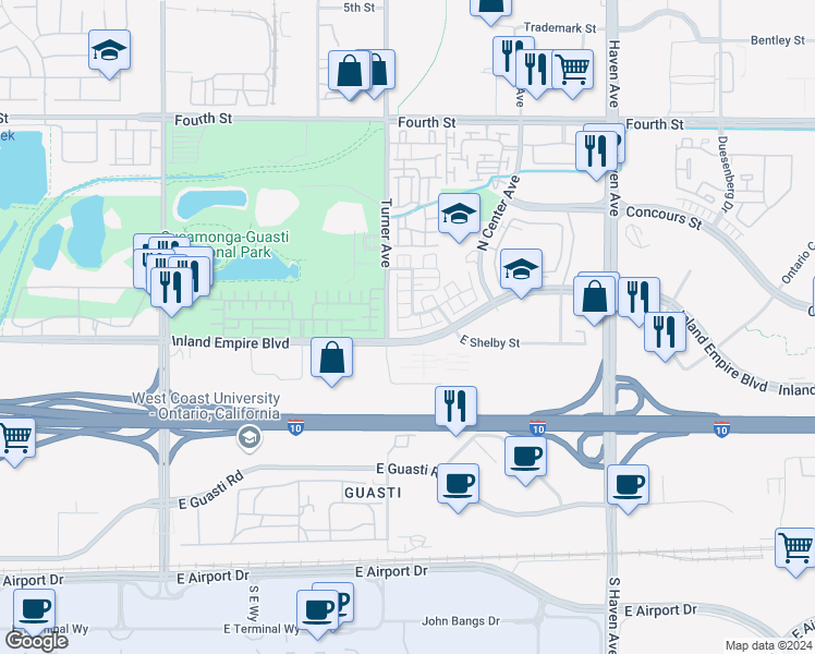 map of restaurants, bars, coffee shops, grocery stores, and more near 3132 Triumph Lane in Ontario