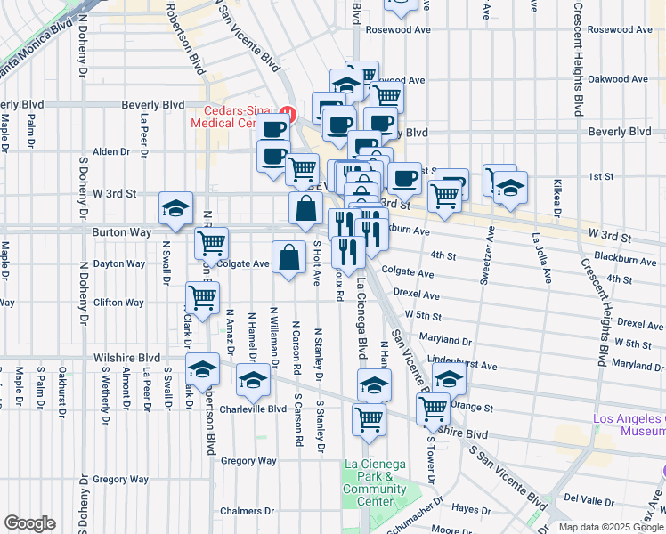 map of restaurants, bars, coffee shops, grocery stores, and more near 8534 Colgate Avenue in Los Angeles