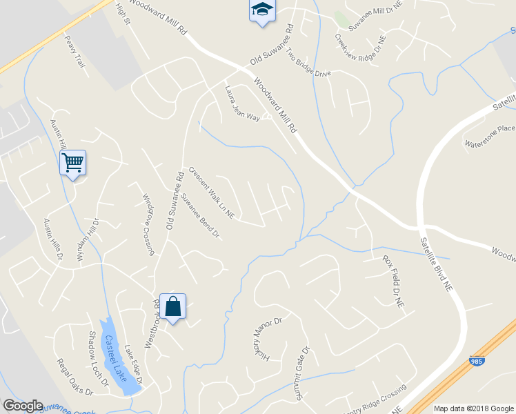 map of restaurants, bars, coffee shops, grocery stores, and more near 3930 Crescent Walk Lane Northeast in Suwanee