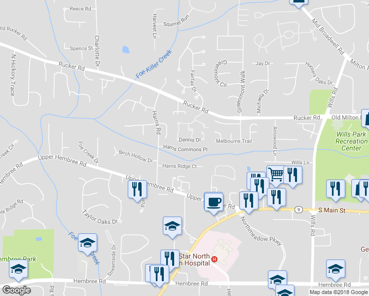 map of restaurants, bars, coffee shops, grocery stores, and more near 1250 Harris Commons Place in Roswell