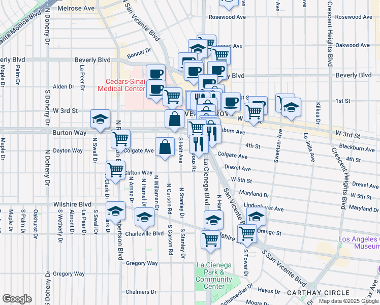 map of restaurants, bars, coffee shops, grocery stores, and more near 8534 Colgate Avenue in Los Angeles