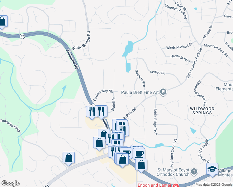 map of restaurants, bars, coffee shops, grocery stores, and more near 4965 Lindsey Way Northeast in Roswell