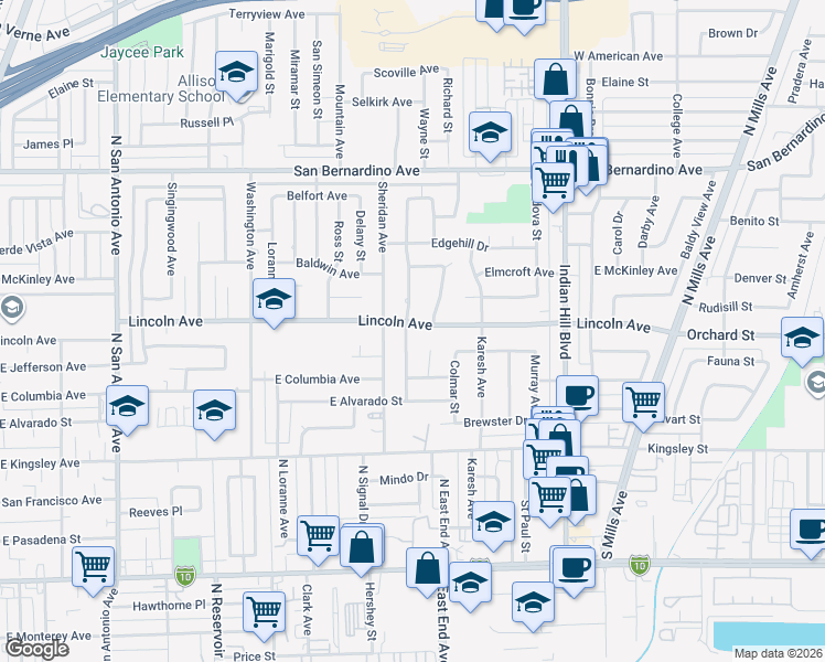 map of restaurants, bars, coffee shops, grocery stores, and more near 1260 Lincoln Avenue in Pomona