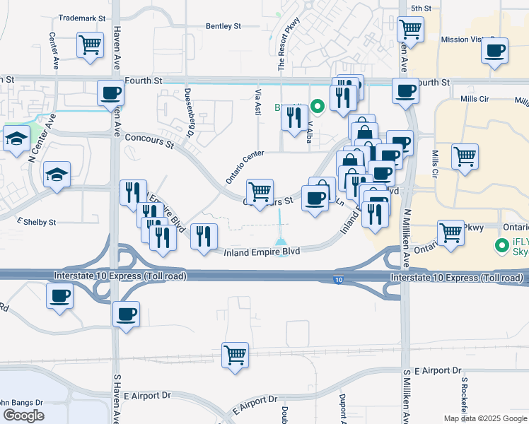 map of restaurants, bars, coffee shops, grocery stores, and more near 4200 Concours Street in Ontario