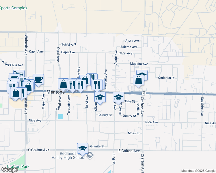 map of restaurants, bars, coffee shops, grocery stores, and more near 1329 Agate Avenue in Mentone