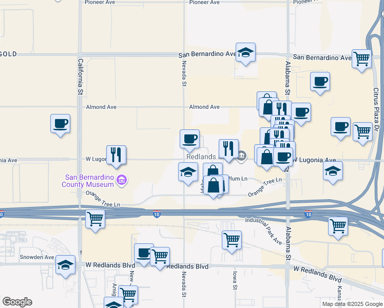 map of restaurants, bars, coffee shops, grocery stores, and more near 10046 Nevada Street in Redlands