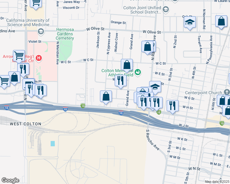 map of restaurants, bars, coffee shops, grocery stores, and more near 1064 West G Street in Colton