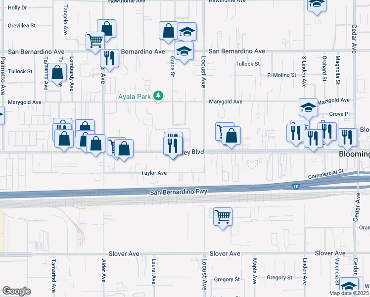map of restaurants, bars, coffee shops, grocery stores, and more near 18028 Valley Boulevard in Bloomington