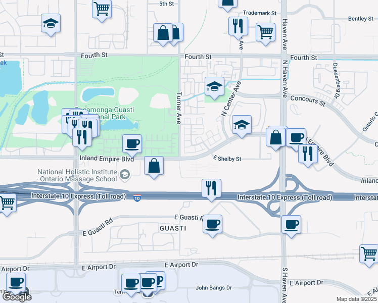 map of restaurants, bars, coffee shops, grocery stores, and more near 3132 Triumph Lane in Ontario