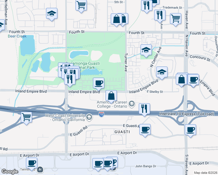 map of restaurants, bars, coffee shops, grocery stores, and more near 3053 East Via Fiano in Ontario