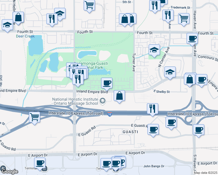 map of restaurants, bars, coffee shops, grocery stores, and more near 2944 East Via Fiano in Ontario