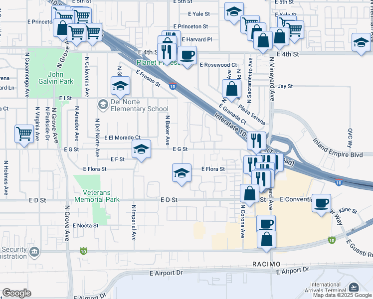 map of restaurants, bars, coffee shops, grocery stores, and more near 1639 East G Street in Ontario