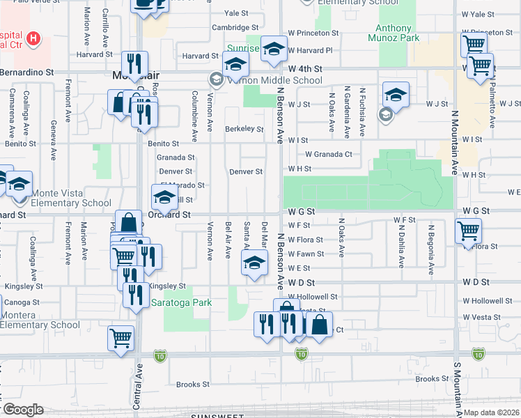 map of restaurants, bars, coffee shops, grocery stores, and more near 10075 Santa Anita Avenue in Montclair