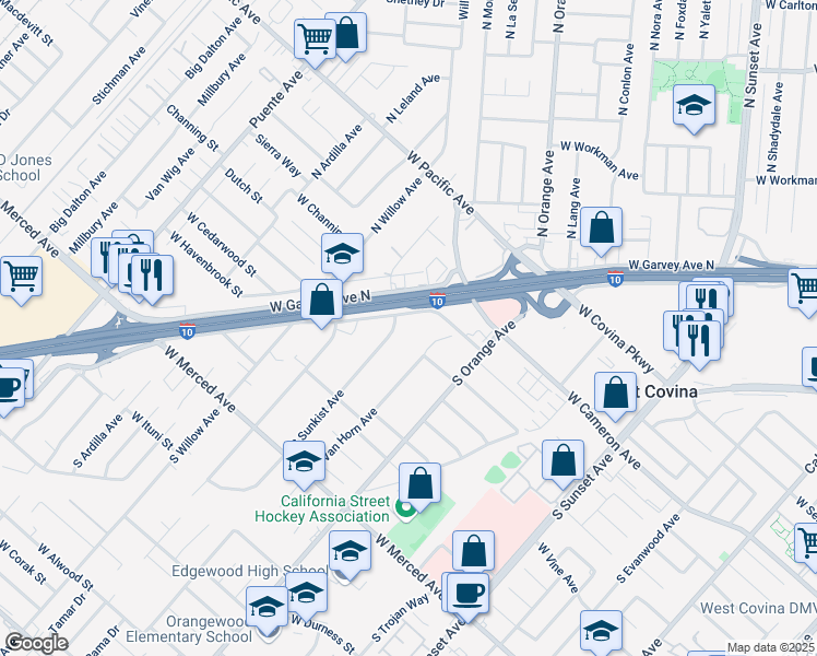 map of restaurants, bars, coffee shops, grocery stores, and more near 1906 West Garvey Avenue South in West Covina