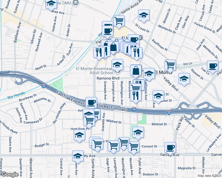 map of restaurants, bars, coffee shops, grocery stores, and more near 3425 Lexington Avenue in El Monte