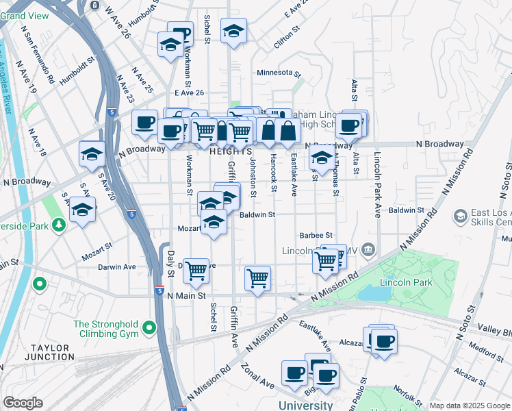 map of restaurants, bars, coffee shops, grocery stores, and more near 2227 Johnston Street in Los Angeles