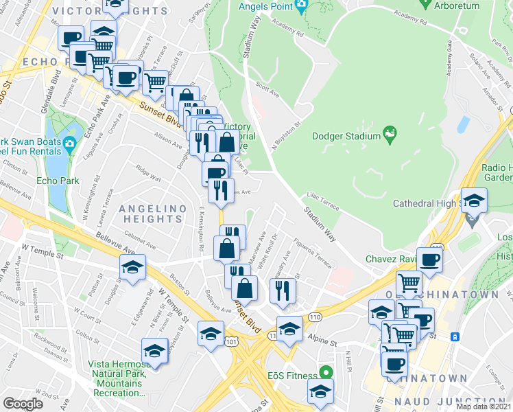 map of restaurants, bars, coffee shops, grocery stores, and more near 1047 Everett Place in Los Angeles