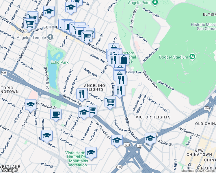 map of restaurants, bars, coffee shops, grocery stores, and more near 938 East Edgeware Road in Los Angeles