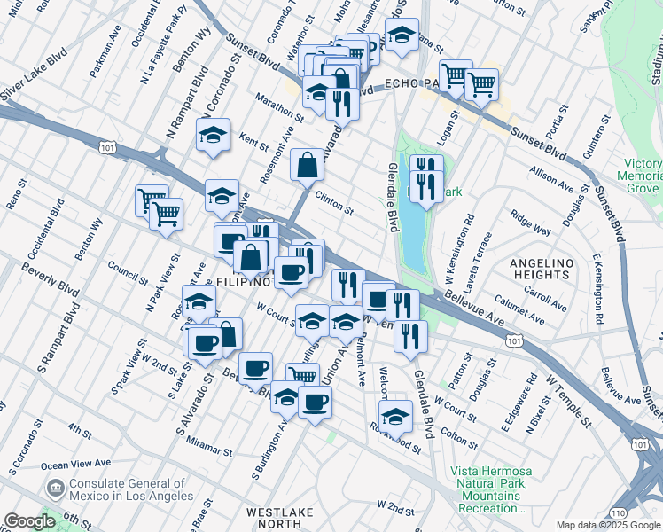 map of restaurants, bars, coffee shops, grocery stores, and more near 518 North Bonnie Brae Street in Los Angeles