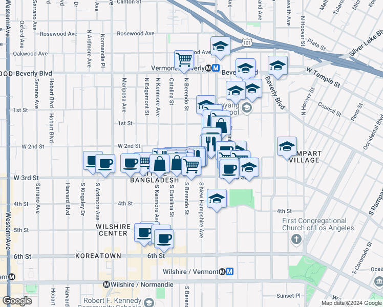 map of restaurants, bars, coffee shops, grocery stores, and more near 167 South Berendo Street in Los Angeles