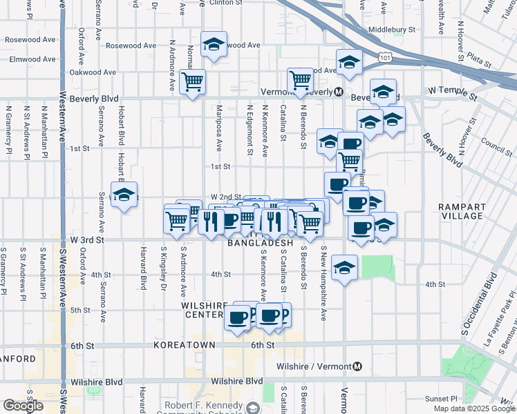 map of restaurants, bars, coffee shops, grocery stores, and more near 3750 West 2nd Street in Los Angeles
