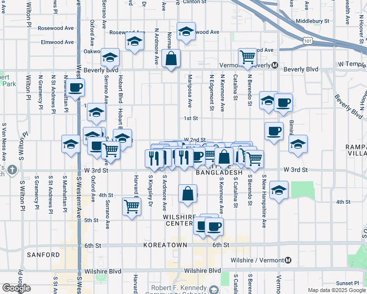 map of restaurants, bars, coffee shops, grocery stores, and more near 201 Normandie Avenue in Los Angeles