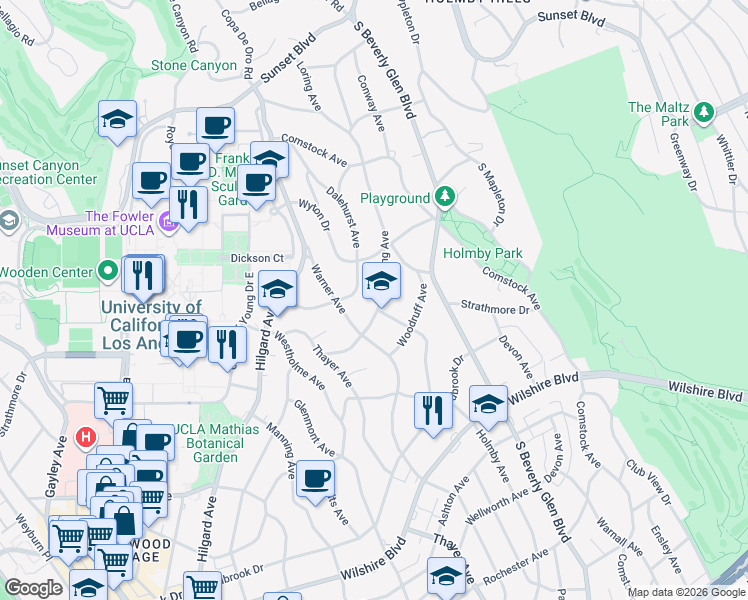 map of restaurants, bars, coffee shops, grocery stores, and more near 541 Loring Avenue in Los Angeles