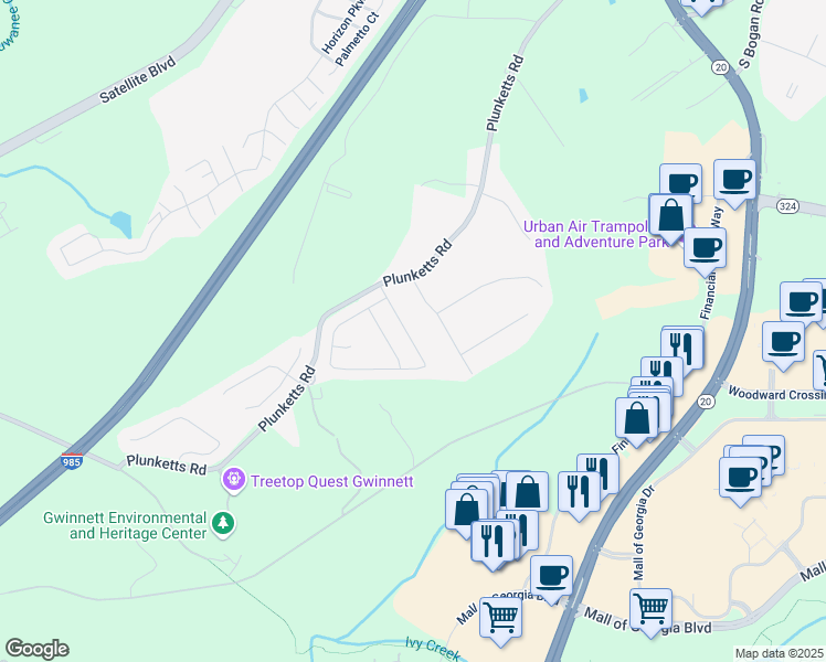 map of restaurants, bars, coffee shops, grocery stores, and more near 3369 Woodward Down Trail in Buford