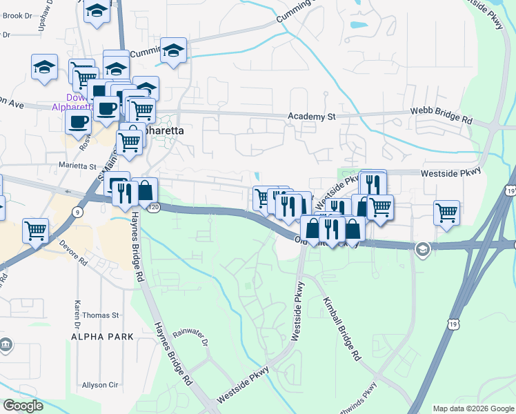 map of restaurants, bars, coffee shops, grocery stores, and more near 305 Concord Street in Alpharetta