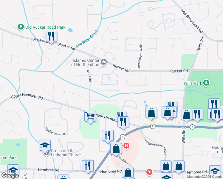 map of restaurants, bars, coffee shops, grocery stores, and more near 1250 Harris Commons Place in Roswell