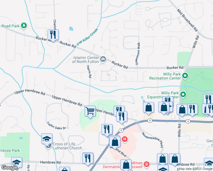map of restaurants, bars, coffee shops, grocery stores, and more near 253 Dennis Drive in Alpharetta