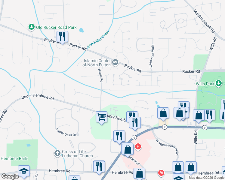 map of restaurants, bars, coffee shops, grocery stores, and more near 1202 Harris Commons Place in Roswell