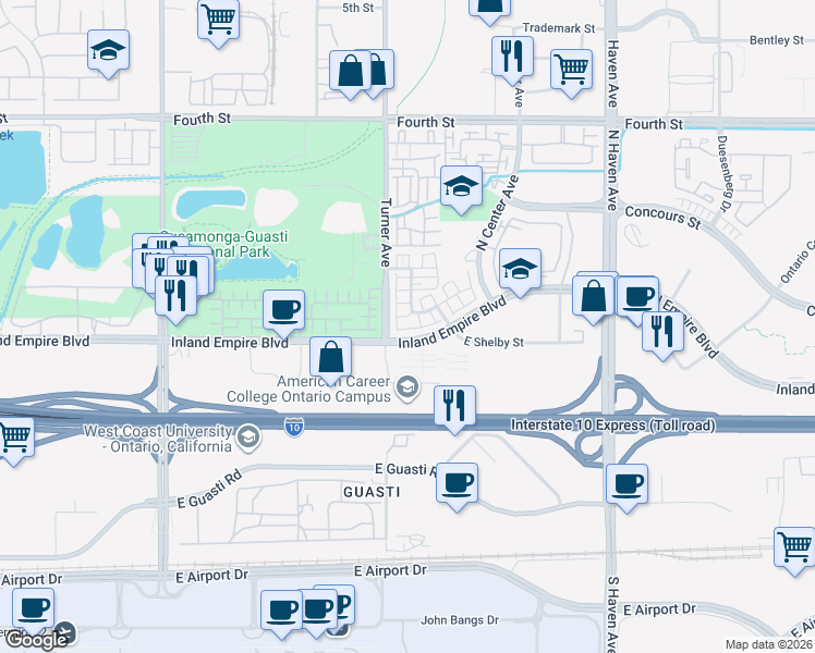 map of restaurants, bars, coffee shops, grocery stores, and more near 3122 Triumph Lane in Ontario
