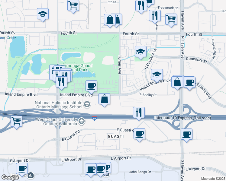map of restaurants, bars, coffee shops, grocery stores, and more near 3075 Via Rosso Street in Ontario