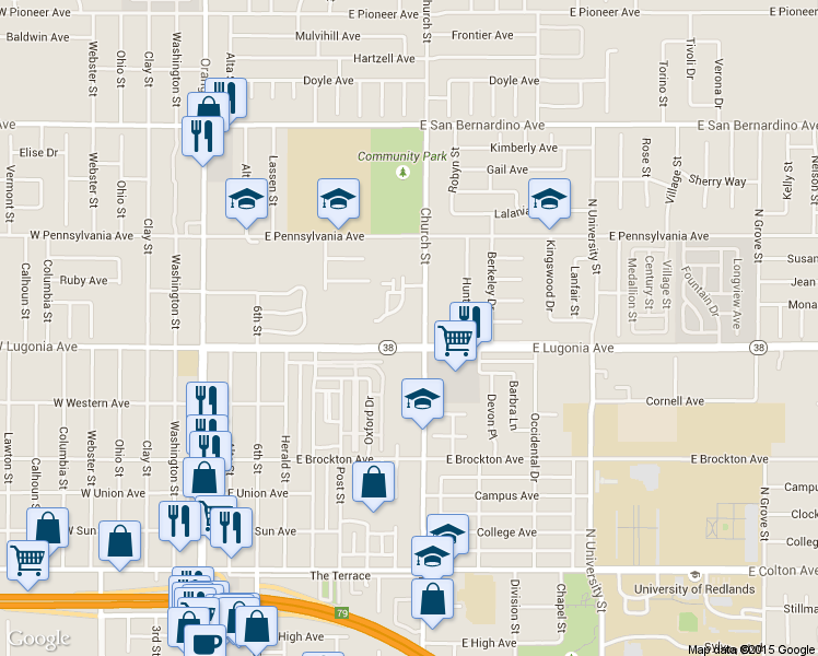 map of restaurants, bars, coffee shops, grocery stores, and more near 640 Church Place in Redlands