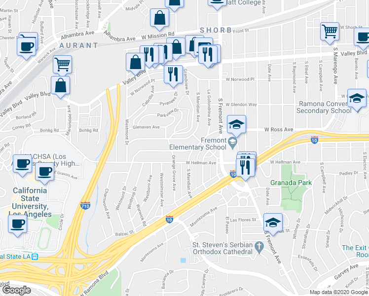 map of restaurants, bars, coffee shops, grocery stores, and more near 2815 West Ross Avenue in Alhambra