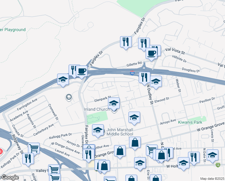 map of restaurants, bars, coffee shops, grocery stores, and more near 1359 Glen Avenue in Pomona