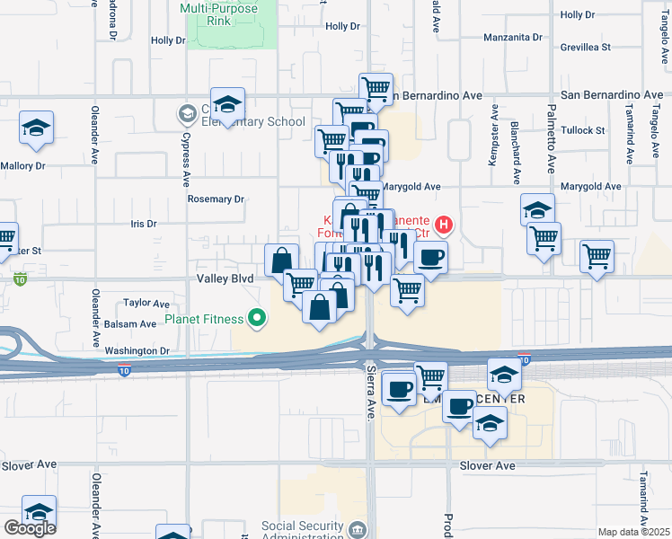 map of restaurants, bars, coffee shops, grocery stores, and more near 16780 Valley Boulevard in Fontana