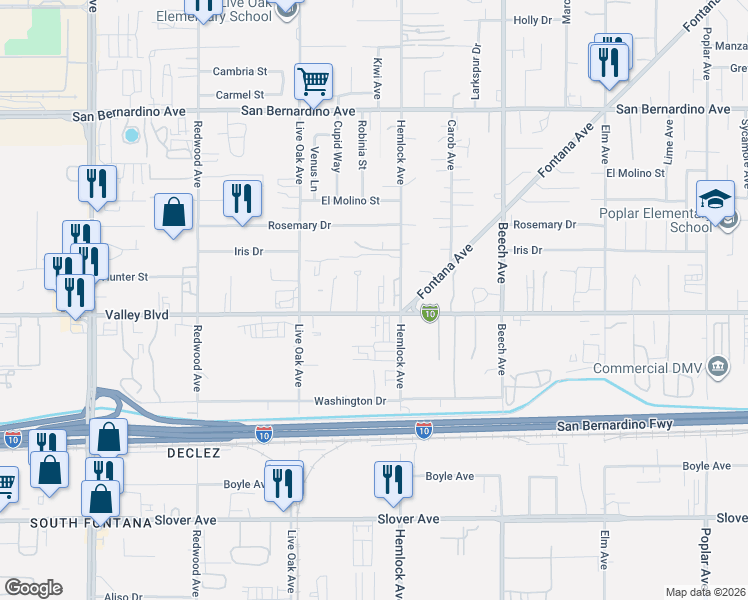 map of restaurants, bars, coffee shops, grocery stores, and more near in Fontana