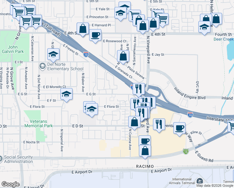 map of restaurants, bars, coffee shops, grocery stores, and more near 1801 East G Street in Ontario