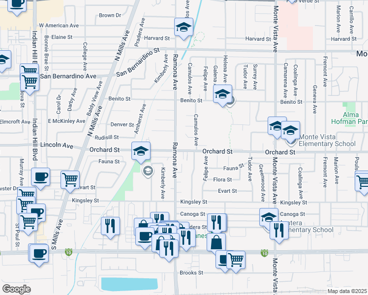 map of restaurants, bars, coffee shops, grocery stores, and more near 4530 Orchard Street in Montclair