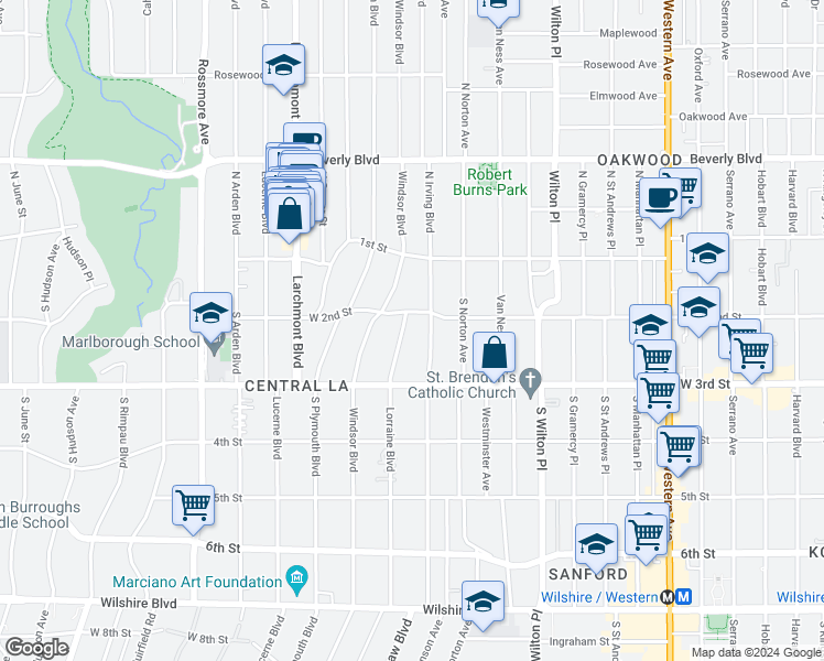map of restaurants, bars, coffee shops, grocery stores, and more near 218 Lorraine Boulevard in Los Angeles