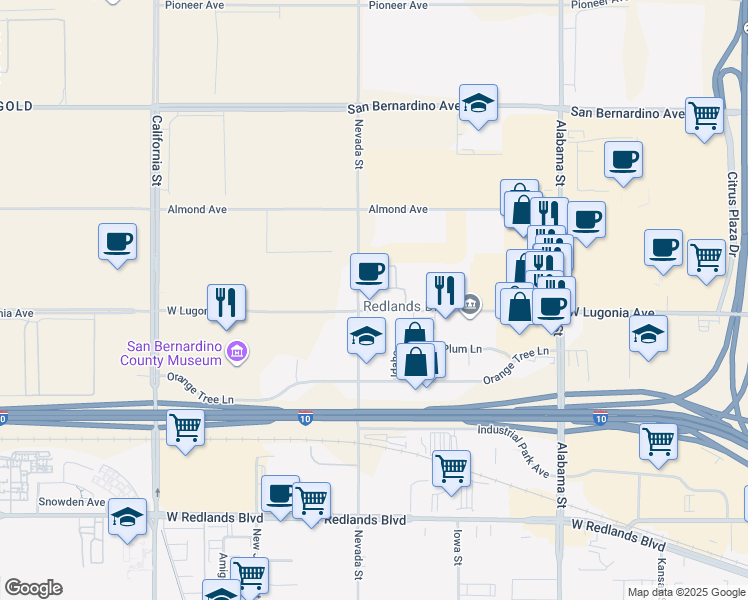map of restaurants, bars, coffee shops, grocery stores, and more near 26000 West Lugonia Avenue in Redlands