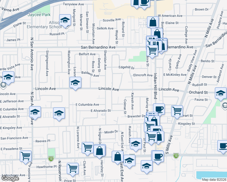 map of restaurants, bars, coffee shops, grocery stores, and more near 1260 Lincoln Avenue in Pomona