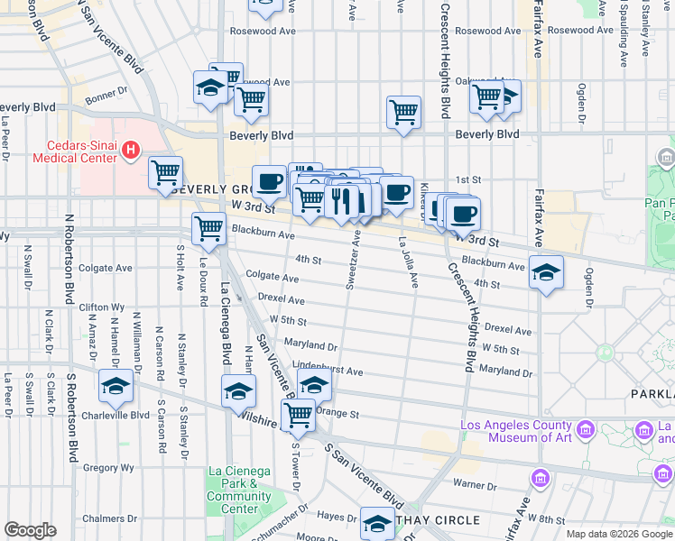 map of restaurants, bars, coffee shops, grocery stores, and more near 8316 4th Street in Los Angeles